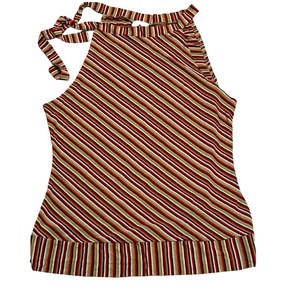 Mint Y2K Vintage Top Large Striped Red White Brown Tie Neck Sleeveless 90s Retro